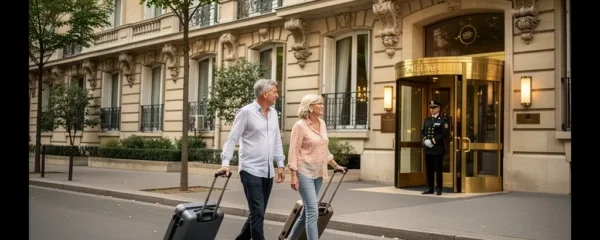 Façade haussmannienne élégante hôtel 4 étoiles Paris 8ème arrondissement avec couple arrivant