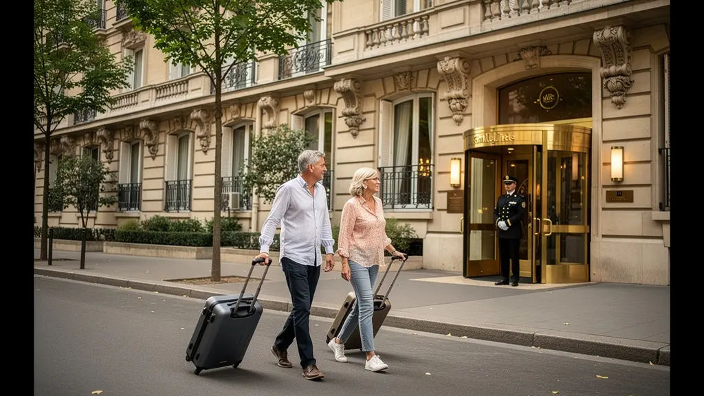 Façade haussmannienne élégante hôtel 4 étoiles Paris 8ème arrondissement avec couple arrivant