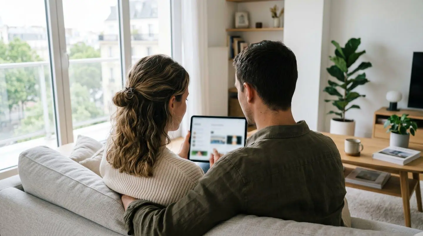 Un couple vu de dos consulte une tablette dans un salon contemporain lumineux pour organiser leur voyage