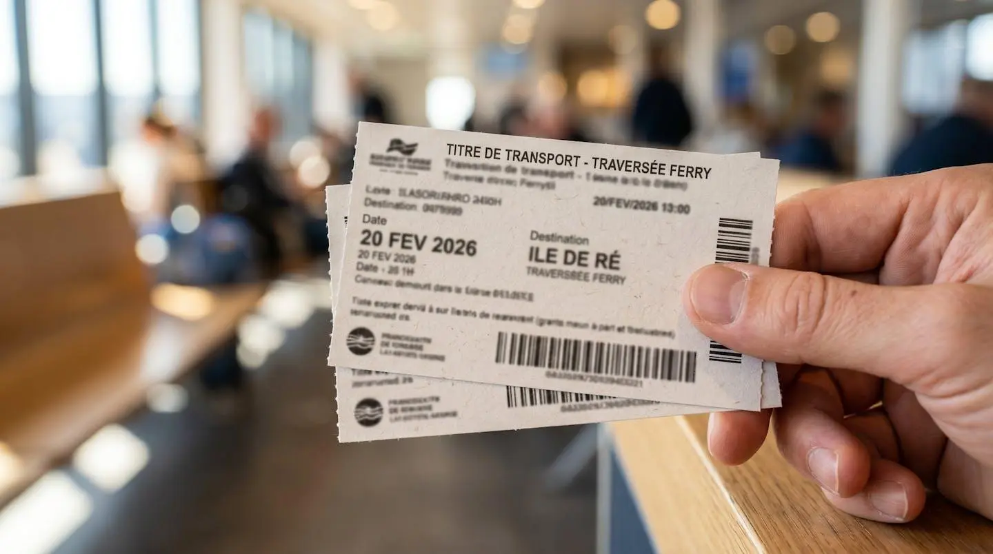 Gros plan sur une main tenant des billets de ferry imprimés sur une surface moderne claire