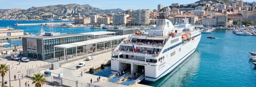 Vue d'un port méditerranéen moderne avec un ferry amarré au quai principal sous un ciel lumineux